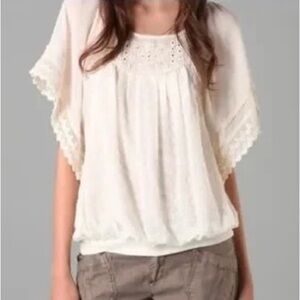 FREE PEOPLE Georgette Blouse S Ivory Sheer Eyelet Lace Boho Short Batwing Top